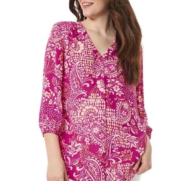 Jones New York Orchard Beige Paisley Print VNeck 3/4 Sleeve Blouse Petite Small - Picture 1 of 12